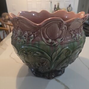 Antique-Style Glazed Ceramic Planter in Rose and Green